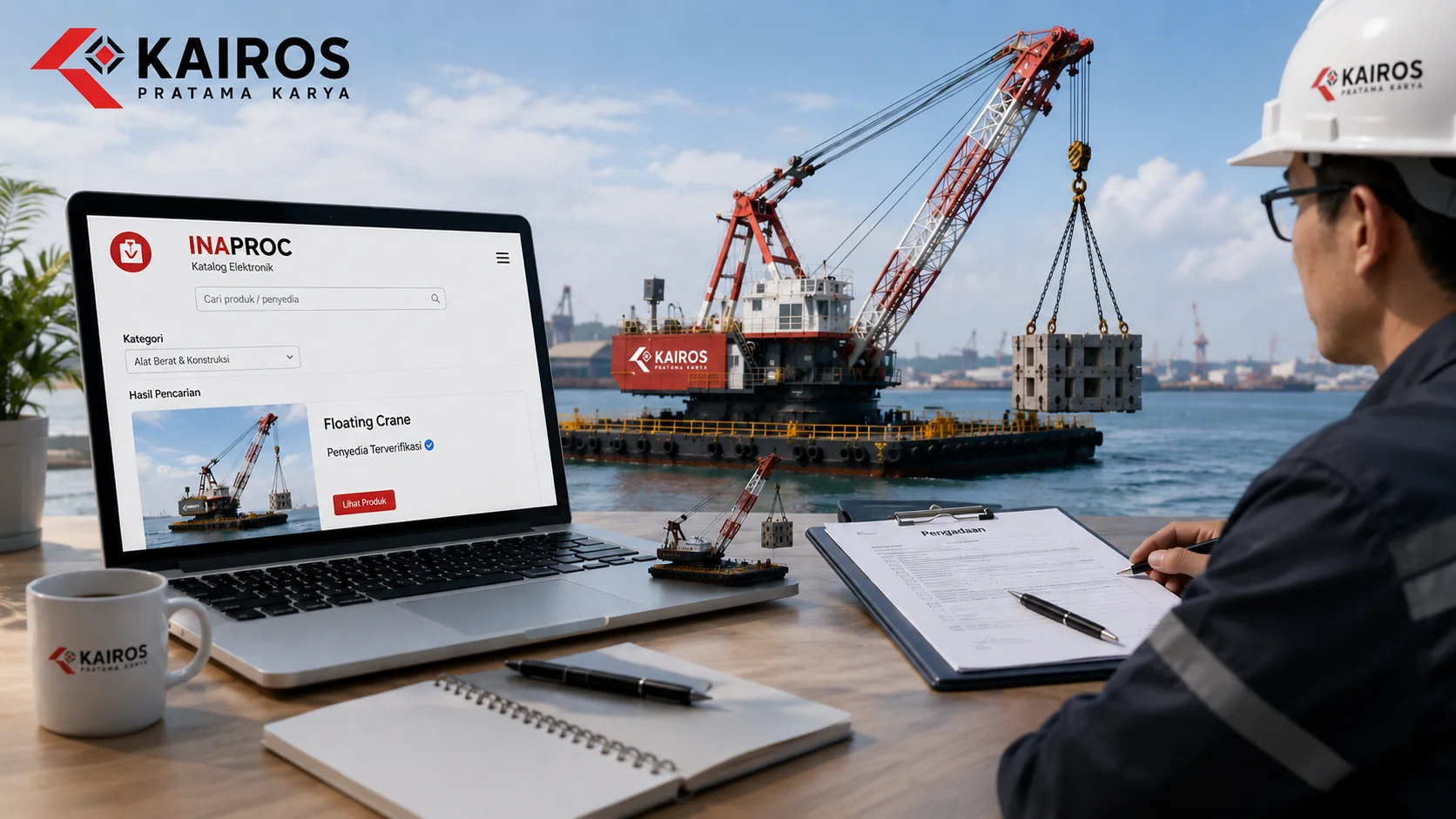 Ilustrasi proses pengadaan floating crane melalui INAPROC untuk mendukung kebutuhan proyek maritim dan konstruksi dengan proses yang efisien.