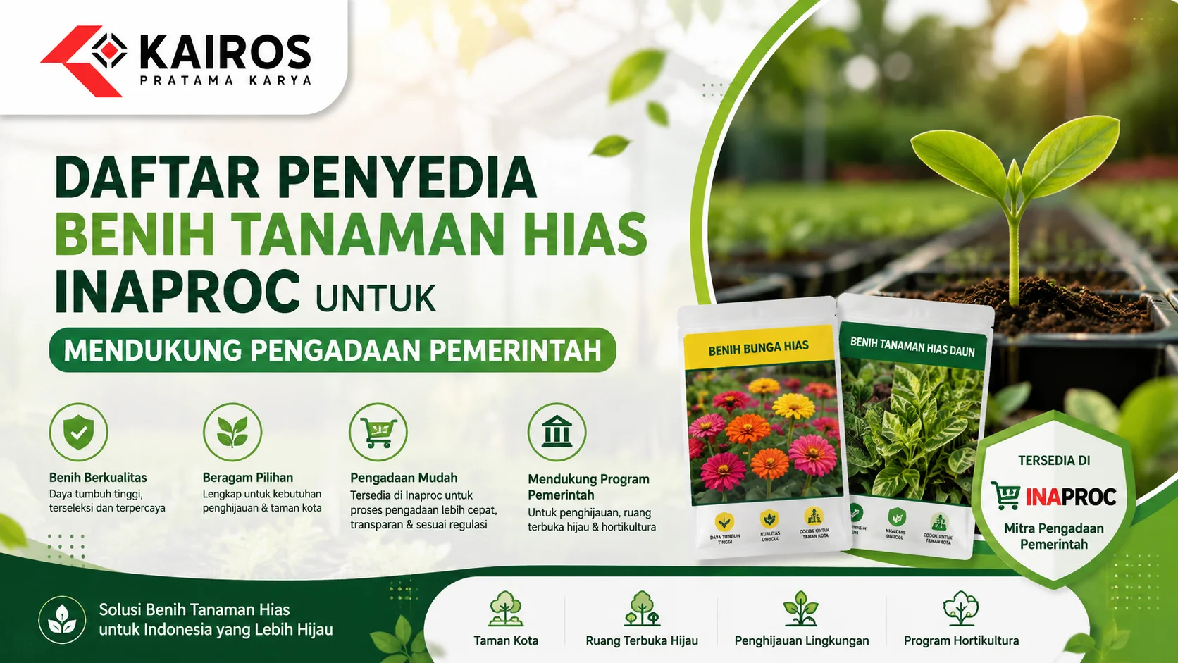 Banner Penyedia Benih Tanaman Hias Inaproc dari Kairos Pratama Karya dengan ilustrasi bibit tanaman hias untuk mendukung pengadaan pemerintah.
