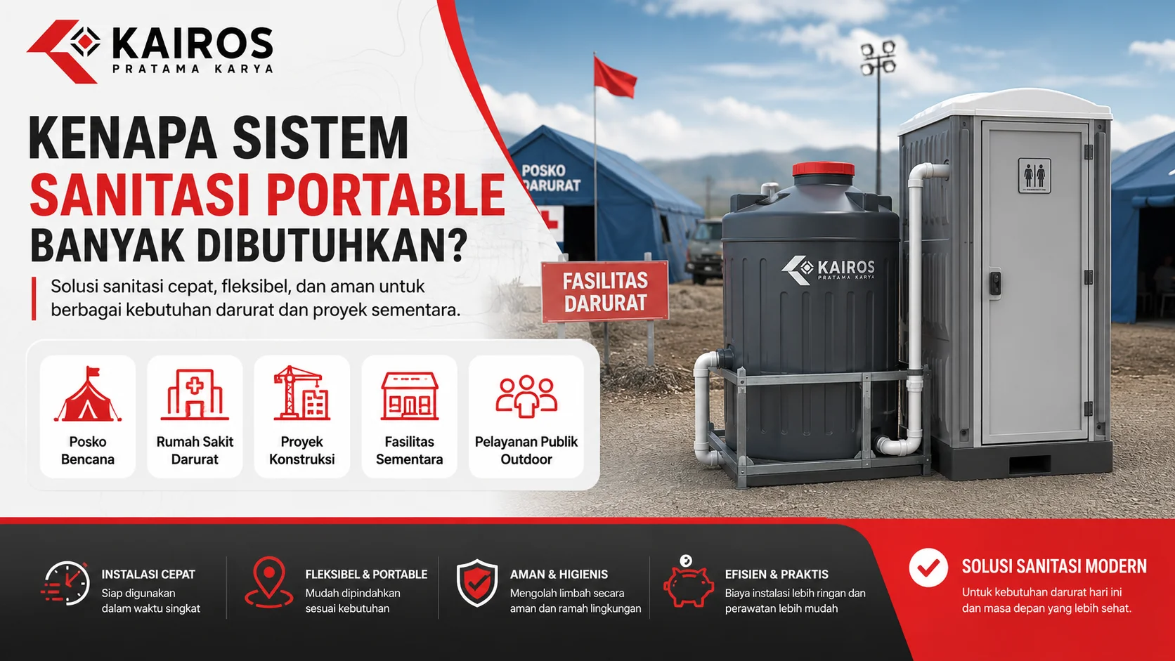 Banner septic tank portable Kairos Pratama Karya di area posko darurat dengan fasilitas sanitasi sementara untuk mendukung kebutuhan kebersihan dan kesehatan lingkungan pada proyek darurat.