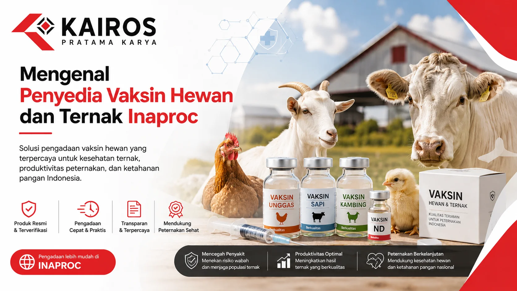 Banner Penyedia Vaksin Hewan dan Ternak Inaproc menampilkan sapi, kambing, ayam, dan vaksin ternak sebagai solusi kesehatan peternakan modern.