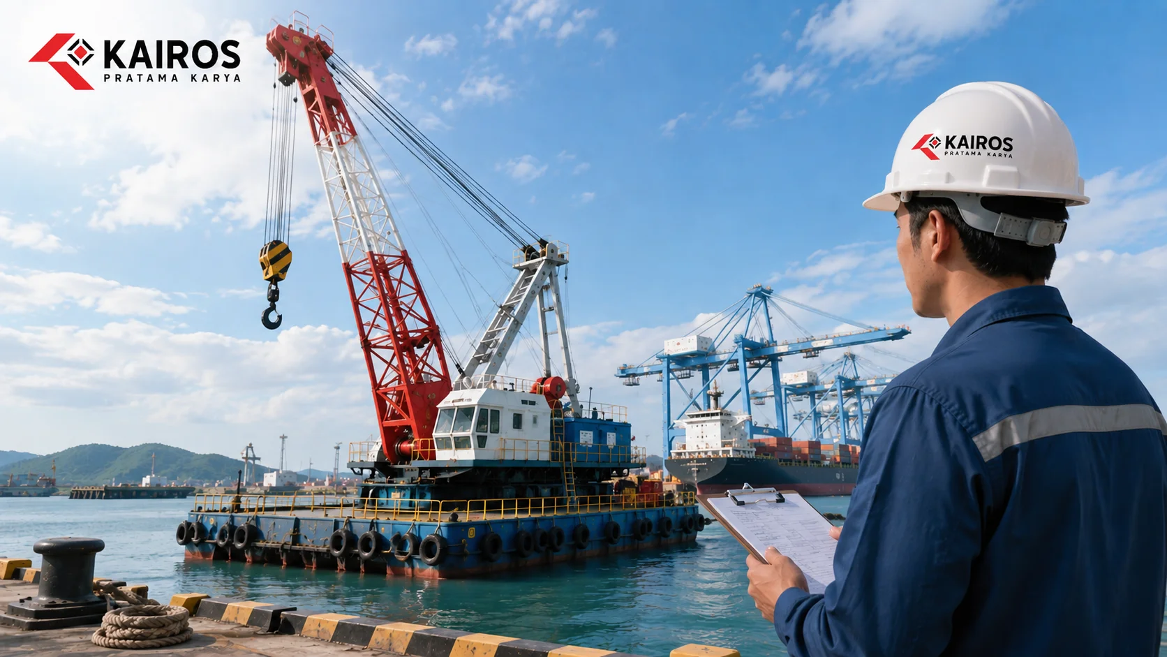 Ilustrasi floating ship crane dengan spesifikasi yang mendukung operasional pelabuhan dan proyek infrastruktur maritim.