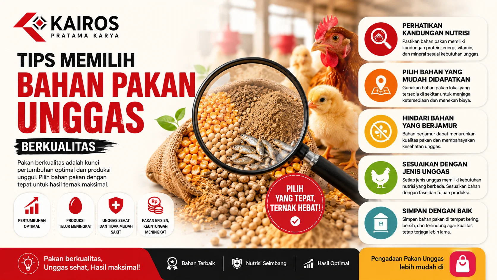 Infografis tips memilih bahan pakan unggas berkualitas dengan ilustrasi berbagai bahan pakan, ayam, dan panduan nutrisi untuk mendukung kesehatan serta produktivitas ternak.