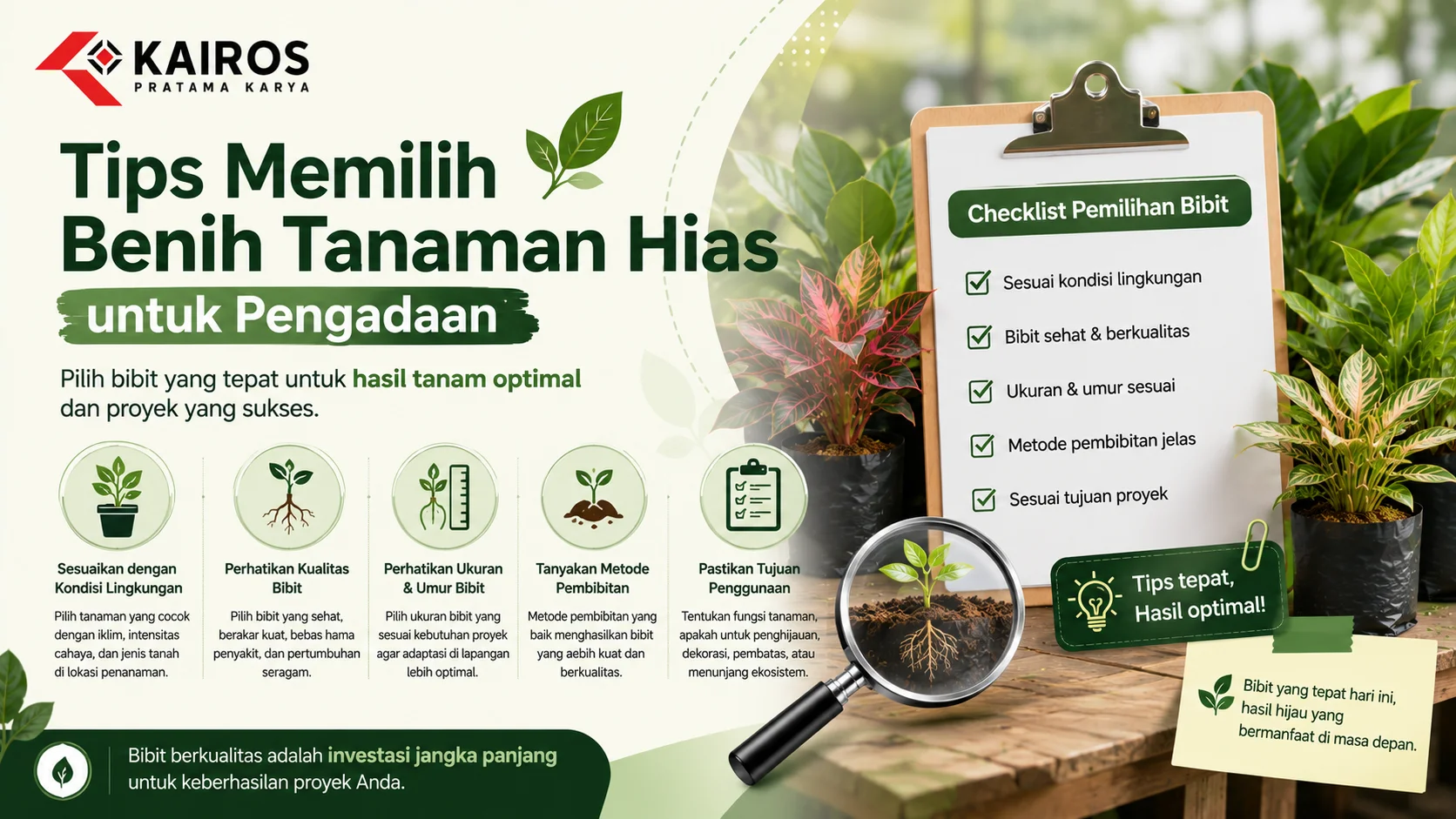 Ilustrasi panduan memilih benih tanaman hias untuk pengadaan dengan checklist kualitas bibit, kondisi lingkungan, ukuran tanaman, dan metode pembibitan.