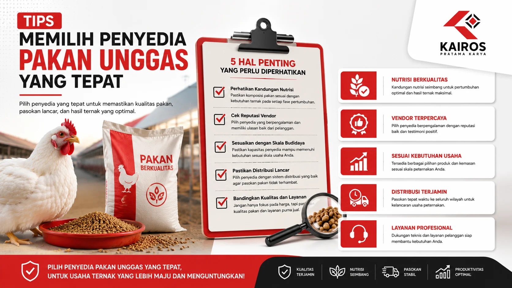 Banner edukatif tentang tips memilih penyedia pakan unggas yang tepat, menampilkan pakan berkualitas, checklist evaluasi vendor, serta ilustrasi peternakan unggas modern.