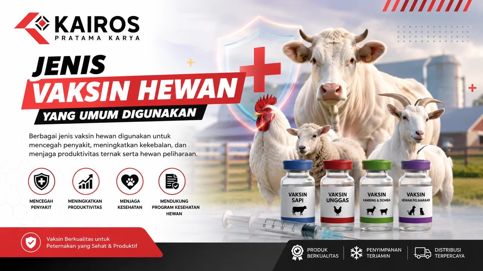 Ilustrasi berbagai jenis vaksin hewan untuk sapi, unggas, kambing, domba, dan hewan peliharaan dengan latar peternakan modern, menampilkan konsep kesehatan ternak dan pencegahan penyakit.