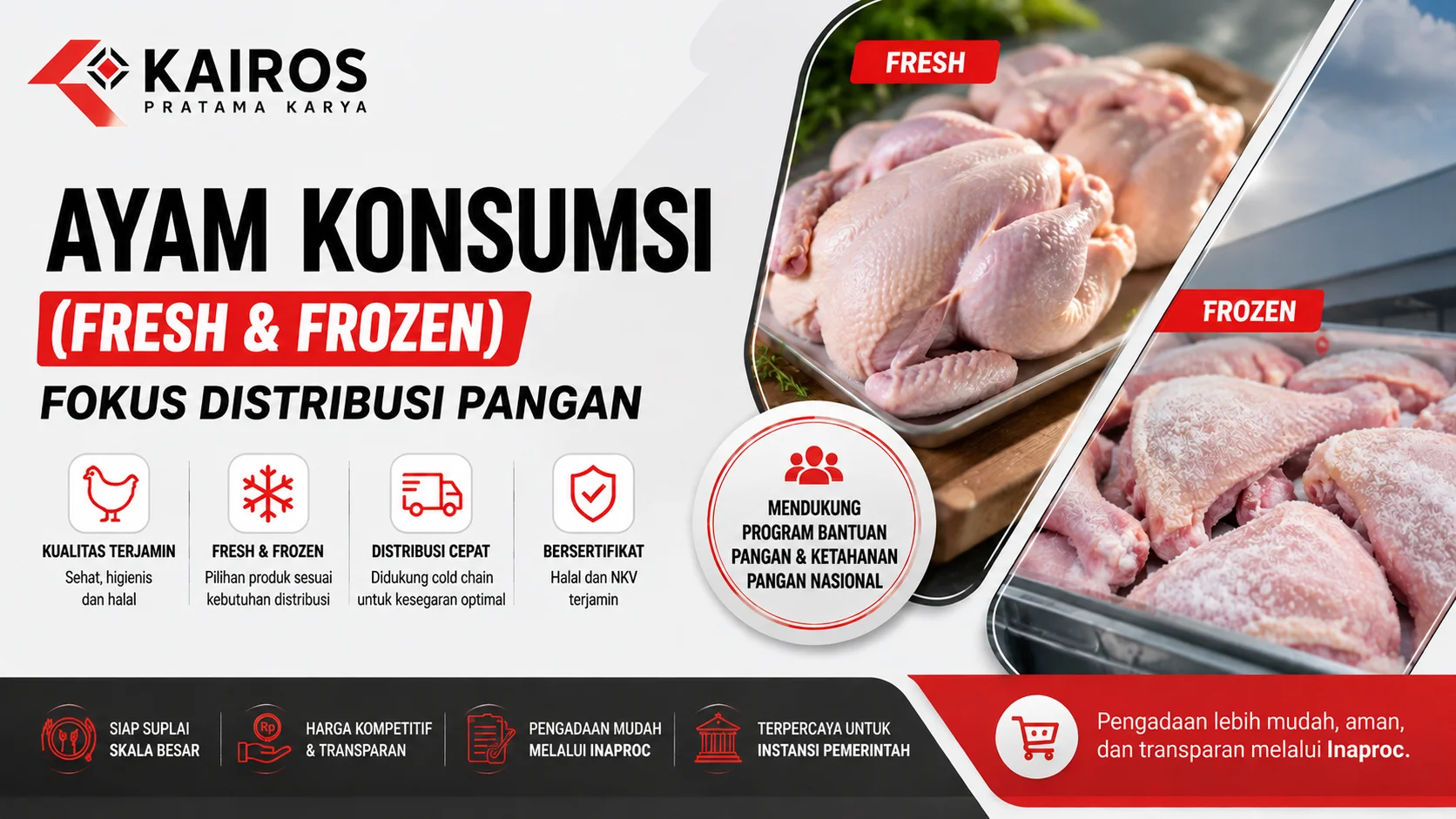 Ayam konsumsi fresh dan frozen berkualitas dengan sistem distribusi pangan yang higienis, halal, dan terjaga melalui rantai pendingin.