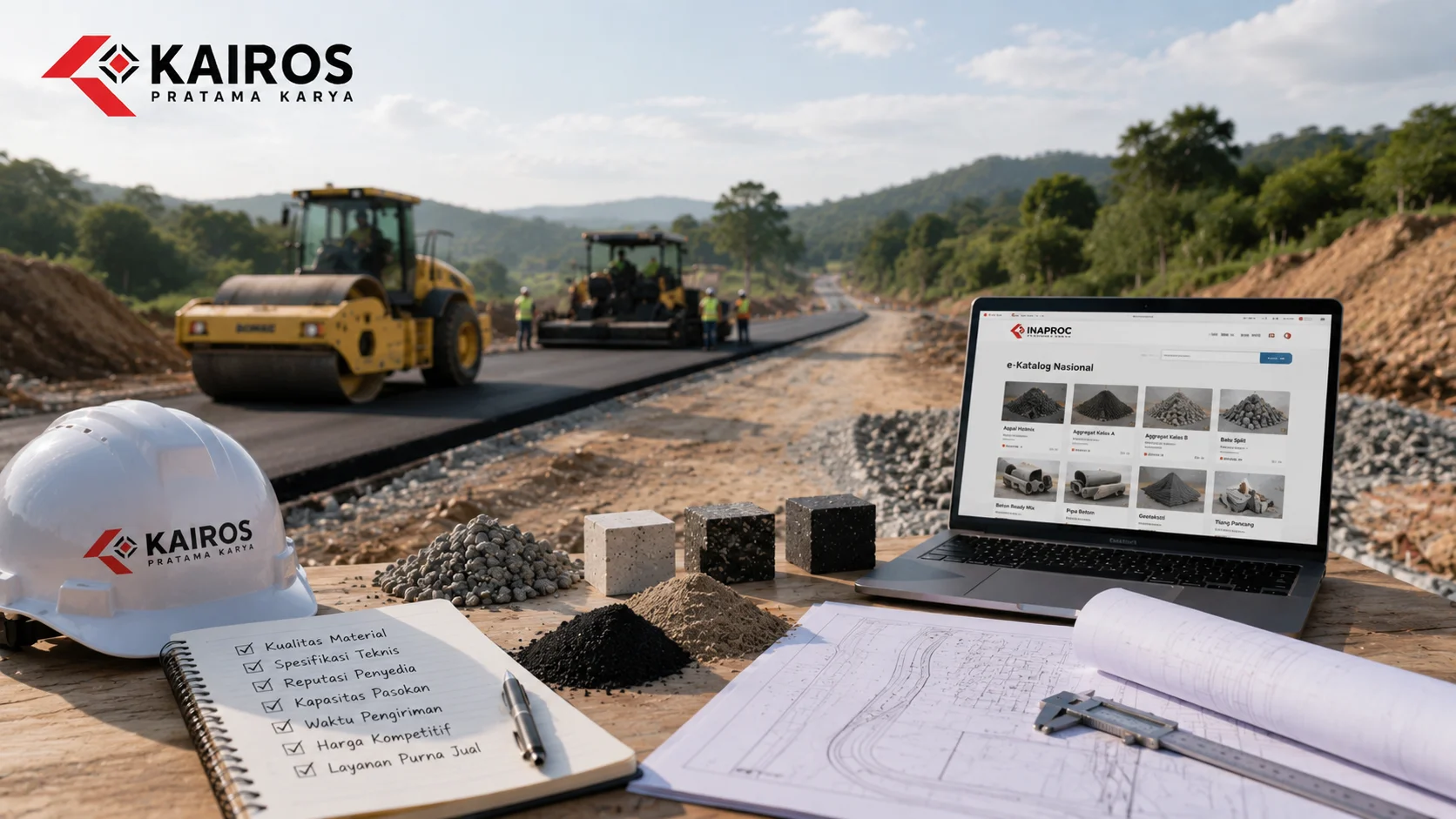 Sampel material konstruksi jalan dan dokumen perencanaan pengadaan ditinjau di lokasi proyek untuk memastikan kualitas material serta kesiapan pelaksanaan pembangunan jalan.