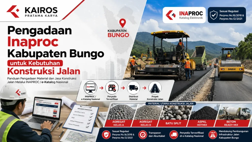 Pengadaan Inaproc Kabupaten Bungo untuk kebutuhan konstruksi jalan melalui e-Katalog Nasional dengan penyedia terverifikasi, material berkualitas, dan proses pengadaan sesuai regulasi pemerintah.