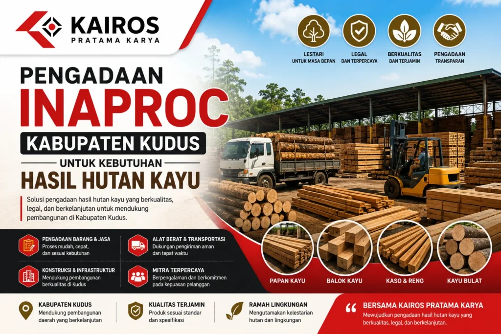 Pengadaan Inaproc Kabupaten Kudus untuk kebutuhan hasil hutan kayu dengan ilustrasi pengolahan kayu dan branding Kairos Pratama Karya
