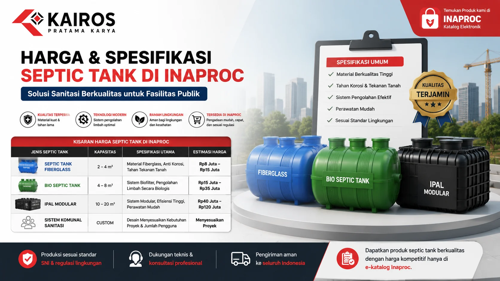 Banner informasi harga dan spesifikasi septic tank di Inaproc yang menampilkan berbagai jenis septic tank, estimasi harga, serta fitur unggulan untuk kebutuhan sanitasi fasilitas publik.